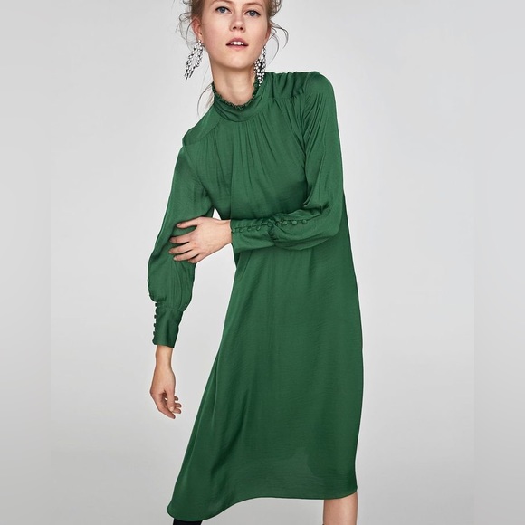 Zara Dresses Zara High Neck Long Sleeve Midi Dress In Green Size